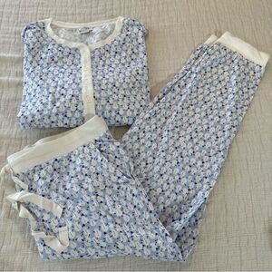 J. CREW PAJAMAS 2 PIECE SET SZ L BLUE WHITE SNOWMEN PRINT 100% COTTON KNIT